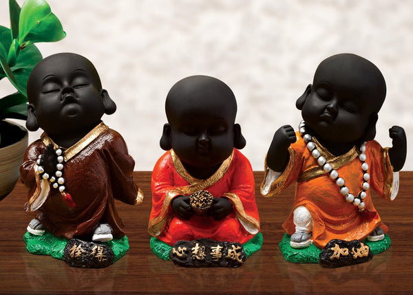 Handcrafted Ployresin Standing And Sitting Lord Buddha Statue Three Pieces Showpiece Home Decor/Office Decor/Spiritual Gift, Brown And Orange - Karigaari India Aesthetic Home Decor