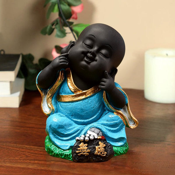 Handcrafted Ployresin Sitting With Putting Fingers On Chicks Lord Buddha Statue Showpiece Home Decor/Office Decor/Spiritual Gift, Sky Blue Colour