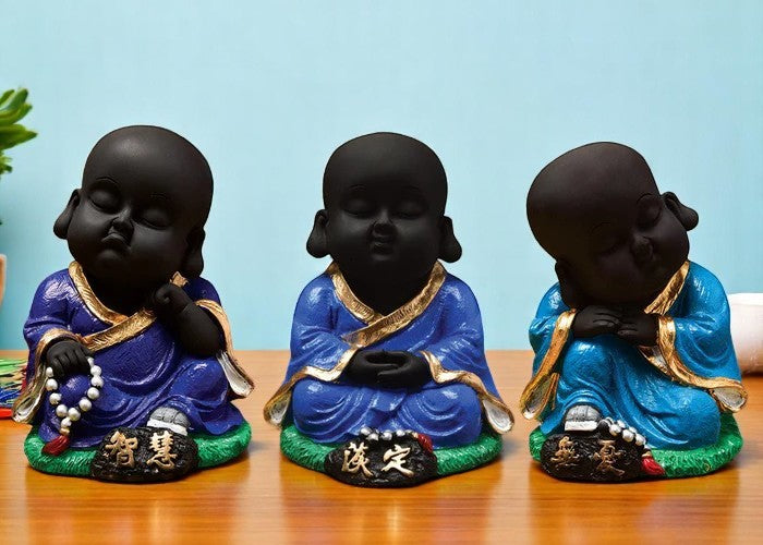 Handcrafted Ployresin Sitting And Sleeping , Meditating Lord Buddha Statue Showpiece Home Decor/Office Decor/Spiritual Gift, Drak Blue Colour, Three Pieces - Karigaari India Aesthetic Home Decor