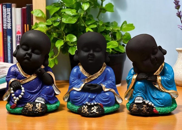 Handcrafted Ployresin Sitting And Sleeping , Meditating Lord Buddha Statue Showpiece Home Decor/Office Decor/Spiritual Gift, Drak Blue Colour, Three Pieces - Karigaari India Aesthetic Home Decor
