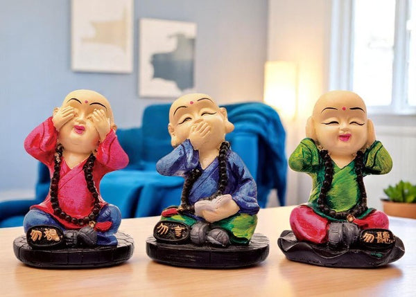 Handcrafted Ployresin Sitting And Putting Hand On Eyes, Ears And Mouth Lord Buddha Statue Showpiece Home Decor/Office Decor/Spiritual Gift, Multicolour, Three Pieces - Karigaari India Aesthetic Home Decor