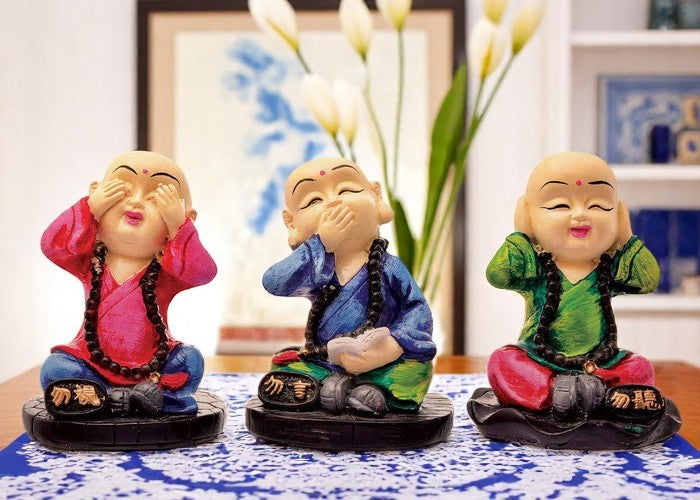 Handcrafted Ployresin Sitting And Putting Hand On Eyes, Ears And Mouth Lord Buddha Statue Showpiece Home Decor/Office Decor/Spiritual Gift, Multicolour, Three Pieces - Karigaari India Aesthetic Home Decor