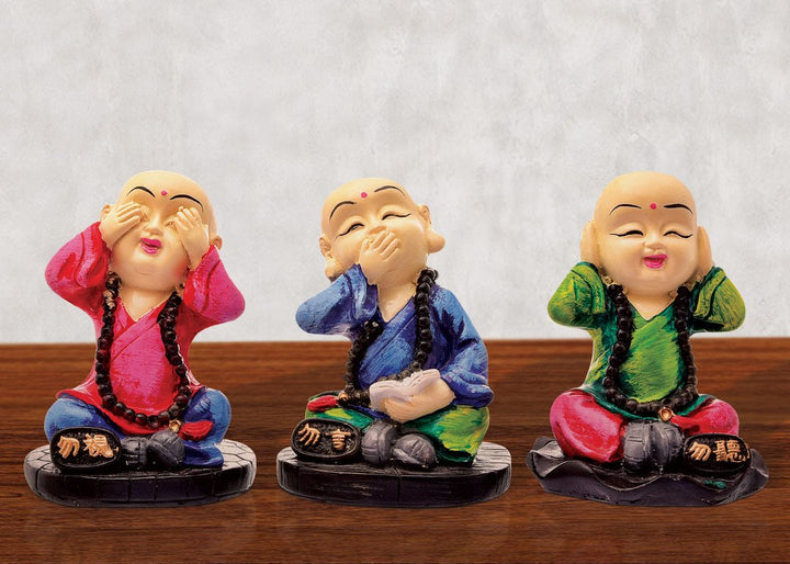 Handcrafted Ployresin Sitting And Putting Hand On Eyes, Ears And Mouth Lord Buddha Statue Showpiece Home Decor/Office Decor/Spiritual Gift, Multicolour, Three Pieces - Karigaari India Aesthetic Home Decor