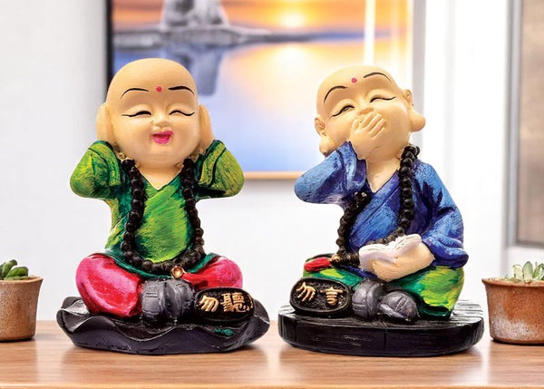 Handcrafted Ployresin Sitting With Putting Fingers On Ears And Mouth Lord Buddha Statue Multicolour Showpiece Home Decor/Office Decor/Spiritual Gift, Two Pieces - Karigaari India Aesthetic Home Decor