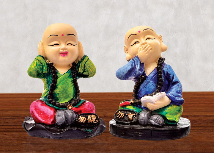 Handcrafted Ployresin Sitting With Putting Fingers On Ears And Mouth Lord Buddha Statue Multicolour Showpiece Home Decor/Office Decor/Spiritual Gift, Two Pieces - Karigaari India Aesthetic Home Decor