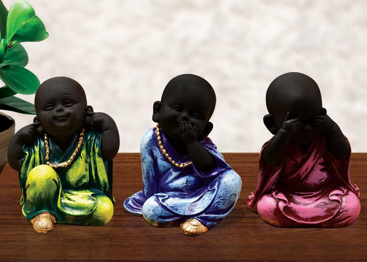 Handcrafted Ployresin Sitting Lord Buddha Statue Green, Blue And Pink Colour Showpiece Home Decor/Office Decor/Spiritual Gift, Three Pieces - Karigaari India Aesthetic Home Decor