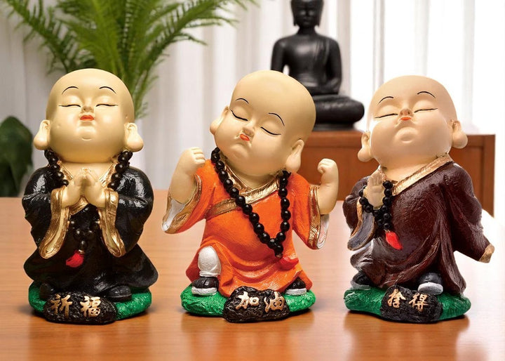 Handcrafted Ployresin Standing, Praying Lord Buddha Multicolour Statue Showpiece Home Decor/Office Decor/Spiritual Gift, Three Pieces - Karigaari India Aesthetic Home Decor
