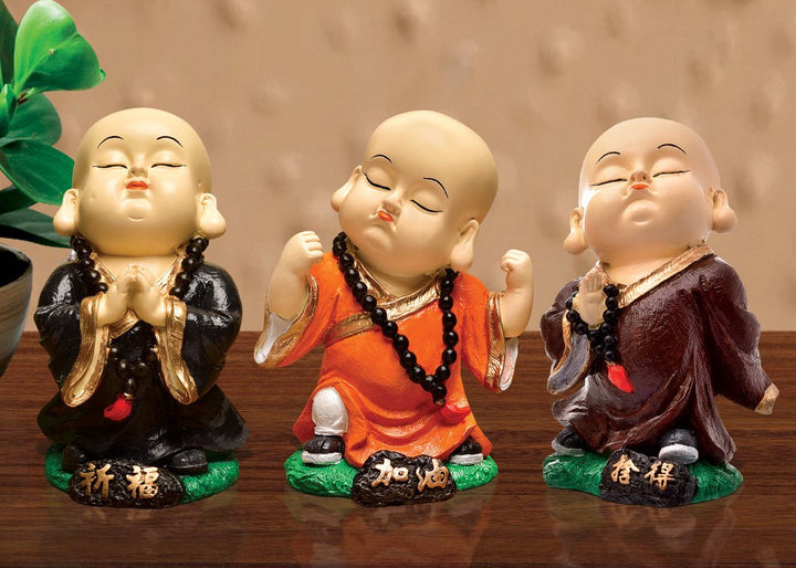 Handcrafted Ployresin Standing, Praying Lord Buddha Multicolour Statue Showpiece Home Decor/Office Decor/Spiritual Gift, Three Pieces - Karigaari India Aesthetic Home Decor