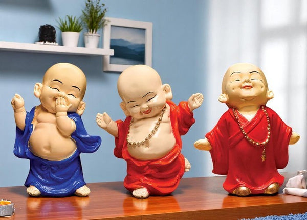 Handcrafted Ployresin Standing, Smiling ,Happy Lord Buddha Orange, Blue Colour Statue Showpiece Home Decor/Office Decor/Spiritual Gift, Three Pieces - Karigaari India Aesthetic Home Decor