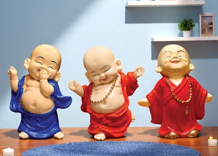Handcrafted Ployresin Standing, Smiling ,Happy Lord Buddha Orange, Blue Colour Statue Showpiece Home Decor/Office Decor/Spiritual Gift, Three Pieces - Karigaari India Aesthetic Home Decor