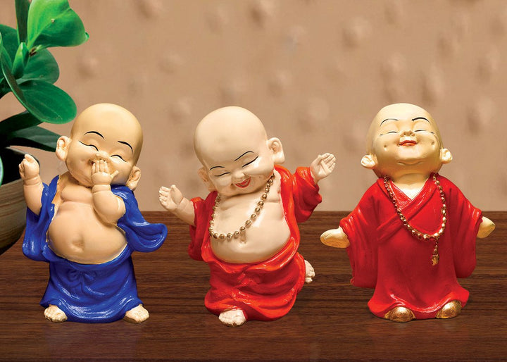 Handcrafted Ployresin Standing, Smiling ,Happy Lord Buddha Orange, Blue Colour Statue Showpiece Home Decor/Office Decor/Spiritual Gift, Three Pieces - Karigaari India Aesthetic Home Decor