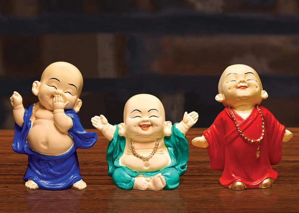 Handcrafted Ployresin Standing And Sitting, Smiling ,Happy Lord Buddha Statue Showpiece Home Decor/Office Decor/Spiritual Gift, Three Pieces, Blue Orange And Green Colour - Karigaari India Aesthetic Home Decor
