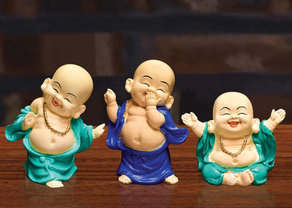 Handcrafted Ployresin Standing And Sitting, Laughing ,Happy Lord Buddha Green, Blue Colour Statue Showpiece Home Decor/Office Decor/Spiritual Gift, Three Pieces - Karigaari India Aesthetic Home Decor