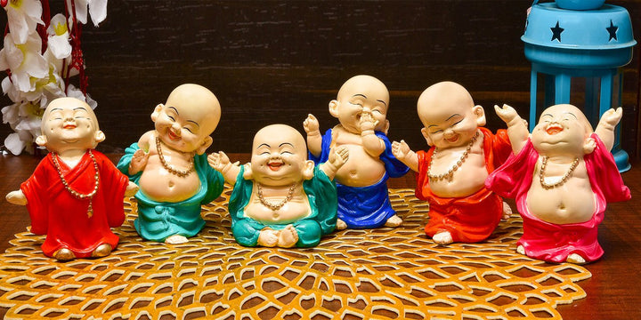 Handcrafted Ployresin Standing And Sitting, Laughing ,Happy Lord Buddha Orange, Green, Blue Colour Statue Showpiece Home Decor/Office Decor/Spiritual Gift, Six Pieces - Karigaari India Aesthetic Home Decor