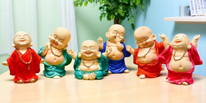 Handcrafted Ployresin Standing And Sitting, Laughing ,Happy Lord Buddha Orange, Green, Blue Colour Statue Showpiece Home Decor/Office Decor/Spiritual Gift, Six Pieces - Karigaari India Aesthetic Home Decor
