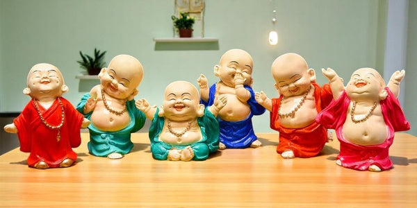 Handcrafted Ployresin Standing And Sitting, Laughing ,Happy Lord Buddha Orange, Green, Blue Colour Statue Showpiece Home Decor/Office Decor/Spiritual Gift, Six Pieces - Karigaari India Aesthetic Home Decor