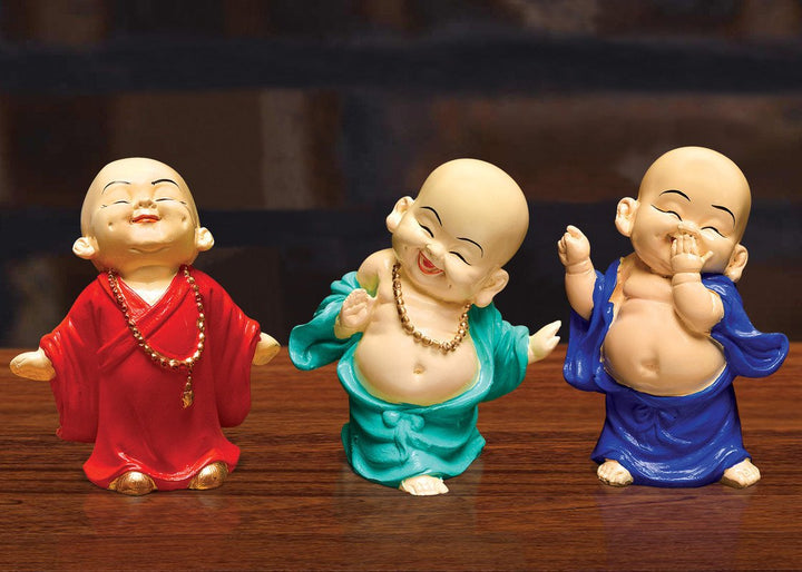 Handcrafted Ployresin Three Pieces Standing And Sitting, Laughing ,Happy Lord Buddha Statue Showpiece Home Decor/Office Decor/Spiritual Gift, Green, Orange And Blue Colour - Karigaari India Aesthetic Home Decor