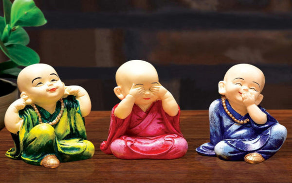 Handcrafted Ployresin Sitting With Putting Fingers On Mouth, Eyes And Ears Three Lord Buddha Multicolour Statues Showpiece Home Decor/Office Decor/Spiritual Gift - Karigaari India Aesthetic Home Decor