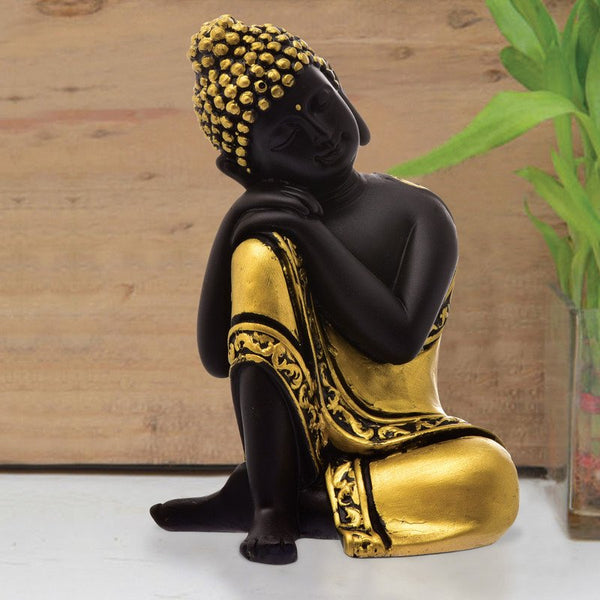 Handcrafted Ployresin Yellow And Black Sitting And Sleeping Lord Buddha Statue Showpiece Home Decor/Office Decor/Spiritual Gift - Karigaari India Aesthetic Home Decor