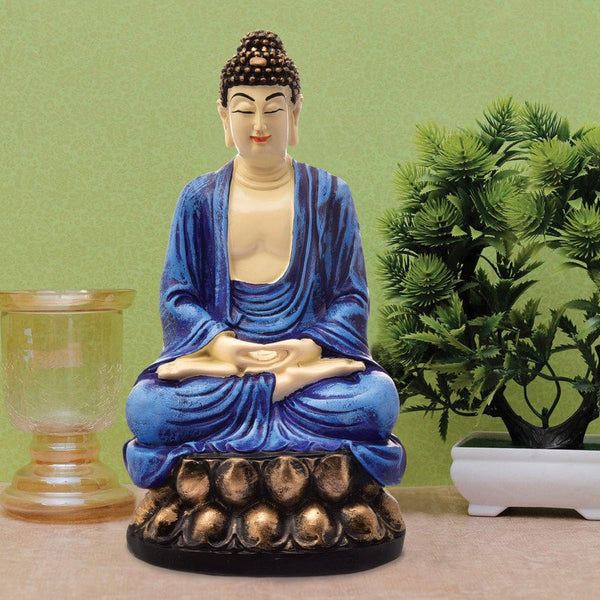 Handcrafted Ployresin Lord Buddha Meditating Statue Sitting On Lotus Showpiece Home Decor/Office Decor/Spiritual Gift, Blue - Karigaari India Aesthetic Home Decor
