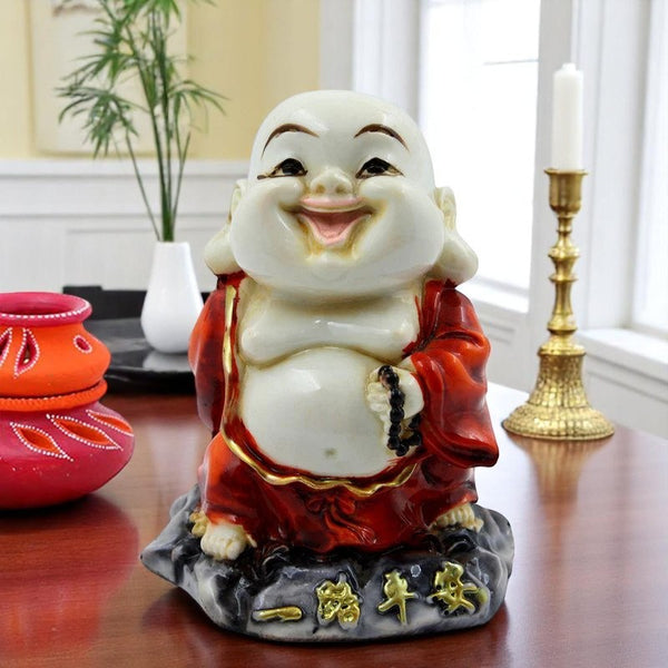 Handcrafted Ployresin Lord Buddha Standing Laughing Statue Showpiece Home Decor/Office Decor/Spiritual Gift, White And Red - Karigaari India Aesthetic Home Decor