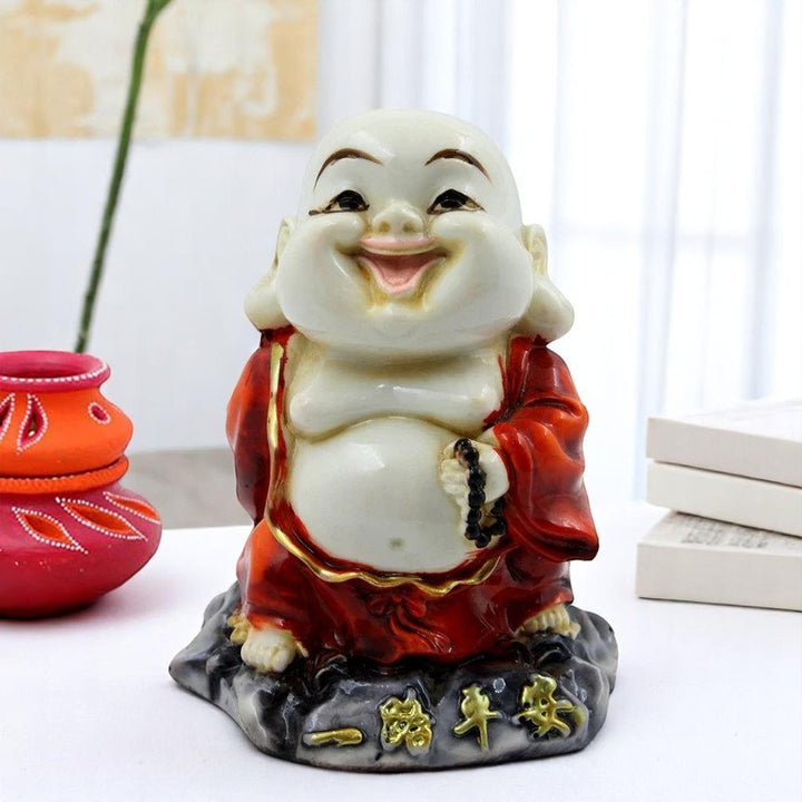 Handcrafted Ployresin Lord Buddha Standing Laughing Statue Showpiece Home Decor/Office Decor/Spiritual Gift, White And Red - Karigaari India Aesthetic Home Decor