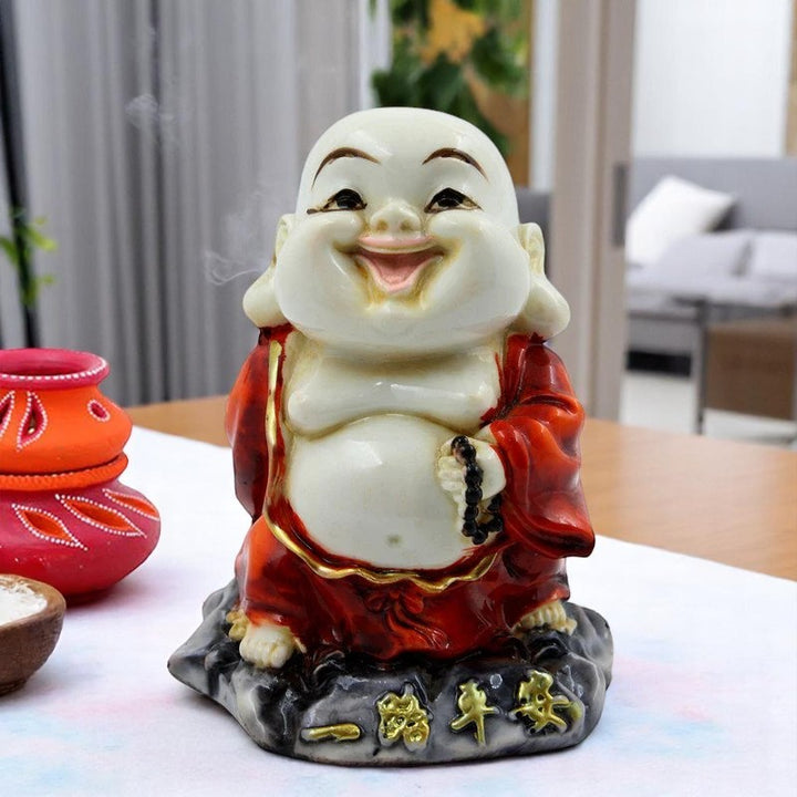 Handcrafted Ployresin Lord Buddha Standing Laughing Statue Showpiece Home Decor/Office Decor/Spiritual Gift, White And Red - Karigaari India Aesthetic Home Decor