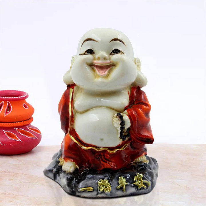 Handcrafted Ployresin Lord Buddha Standing Laughing Statue Showpiece Home Decor/Office Decor/Spiritual Gift, White And Red - Karigaari India Aesthetic Home Decor