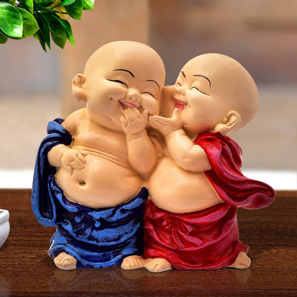 Handcrafted Ployresin Lord Buddha Gossiping Statue Sitting Showpiece Home Decor/Office Decor/Spiritual Gift, Pink And Blue Colour