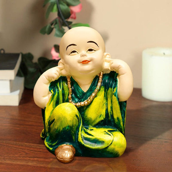 Handcrafted Ployresin Lord Buddha Statue Sitting Putting Fingers In Ears Light Green Colour  Showpiece Home Decor/Office Decor/Spiritual Gift - Karigaari India Aesthetic Home Decor