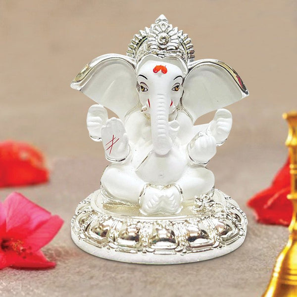 Antique White Ceramic Ganesha Idol for Car Dashboard I Gifting