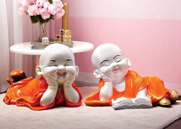 Handcrafted Ployresin Lord Buddha Sleeping Laughing Statue Two Pieces  Showpiece Home Decor/Office Decor/Spiritual Gift, Orange Colour - Karigaari India Aesthetic Home Decor