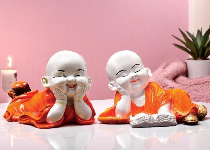Handcrafted Ployresin Lord Buddha Sleeping Laughing Statue Two Pieces  Showpiece Home Decor/Office Decor/Spiritual Gift, Orange Colour - Karigaari India Aesthetic Home Decor