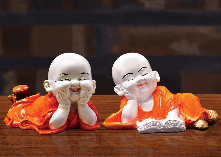 Handcrafted Ployresin Lord Buddha Sleeping Laughing Statue Two Pieces  Showpiece Home Decor/Office Decor/Spiritual Gift, Orange Colour - Karigaari India Aesthetic Home Decor