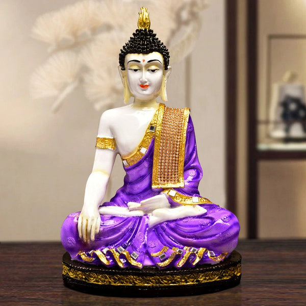 Handcrafted Ployresin Lord Buddha Purple Colour Meditating Sitting Statue Sitting On Golden  Colour Table Showpiece Home Decor/Office Decor/Spiritual Gift - Karigaari India Aesthetic Home Decor