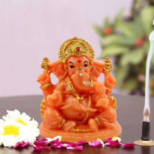 Lord Ganesha Sitting Idol Orange Colour for Home Decor - Karigaari India Aesthetic Home Decor