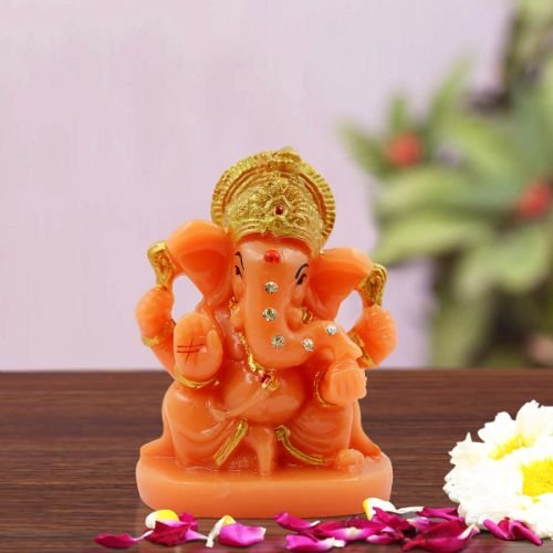 Small Lord Ganesha Sitting Idol Orange Colour for Home Decor