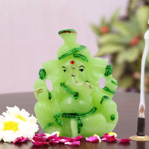 Lord Ganesha Sitting with One Leg Fold Crystal Green Colour Idol for Home Decor - Karigaari India Aesthetic Home Decor