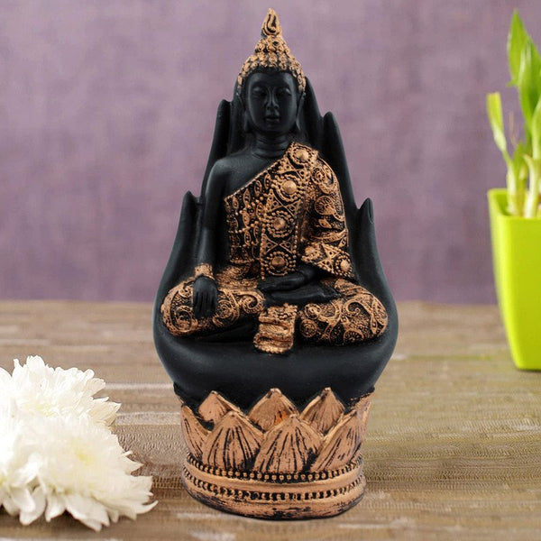 Handcrafted Ployresin Lord Buddha Sitting On Hand Statue Showpiece Home Decor/Office Decor/Spiritual Gift, Black And Gold - Karigaari India Aesthetic Home Decor