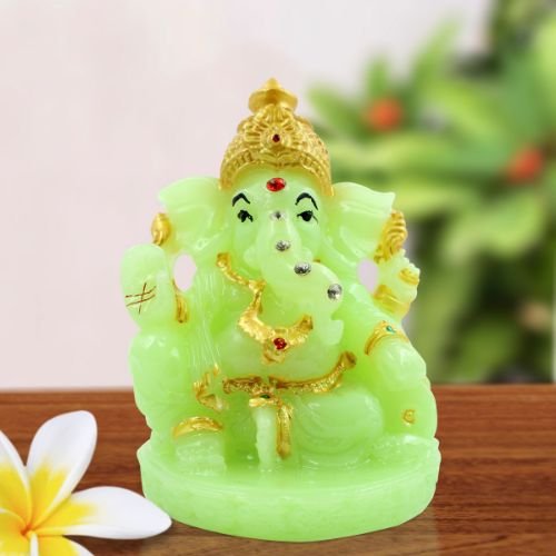 Lord Ganesha Wearing ornaments And Sitting Crystal Green Colour Idol for Home Decor