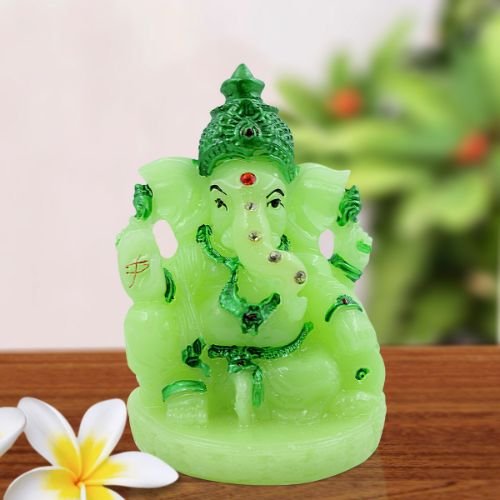 Small Lord Ganesha Sitting With Folding Leg Crystal Green Colour Idol for Home Decor - Karigaari India Aesthetic Home Decor