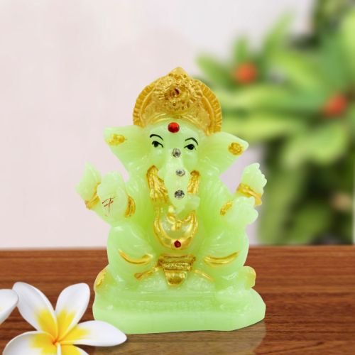 Small Lord Ganesha Sitting Wearing Gold Ornaments Crystal Green Idol for Home Decor