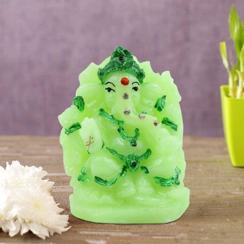 Lord Ganesha sitting Unique Crystal Green Colour Idol with Dark Green Color Ornaments for Home Decor