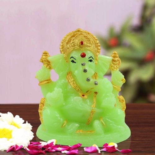 Lord Ganesha sitting Unique Crystal Green Colour Idol with Golden Ornaments for Home Decor - Karigaari India Aesthetic Home Decor