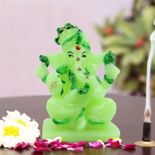 Crystal Green Colour Lord Ganesha sitting Idol with Dark Green Color Ornaments for Home Decor