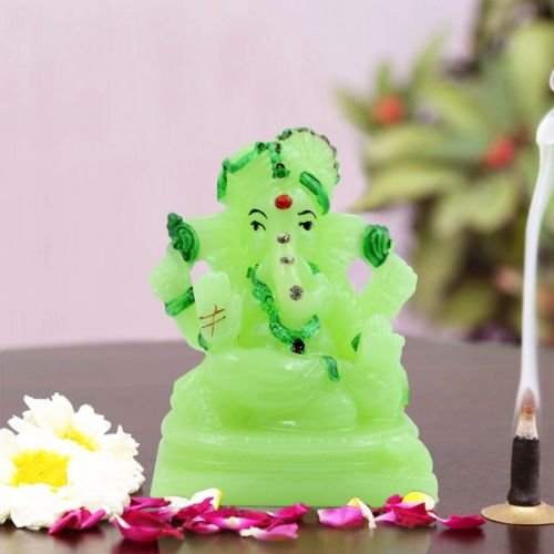 Small Crystal Green Colour Lord Ganesha sitting Idol with Dark Green Color Ornaments for Home Decor