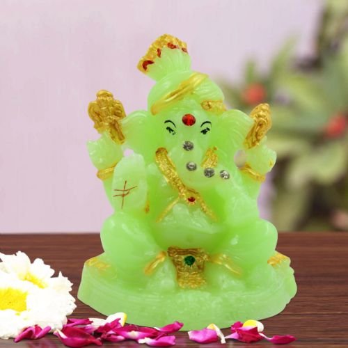 Small Lord Ganesha sitting Unique Crystal Green Colour Idol with Golden Ornaments for Home Decor - Karigaari India Aesthetic Home Decor