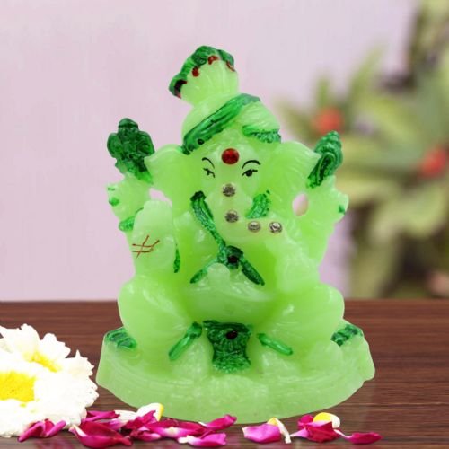 Unique Crystal Green Colour Lord Ganesha sitting Idol with Dark Green Colour Ornaments for Home Decor - Karigaari India Aesthetic Home Decor