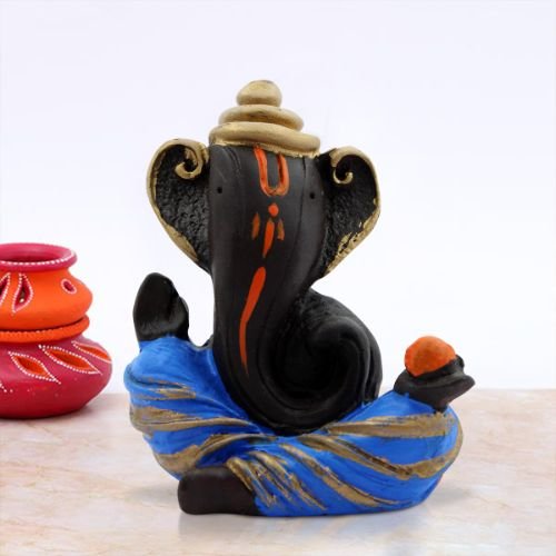 Unique Design Ganesh Idol Black Color with Blue Dhoti for Home Decor