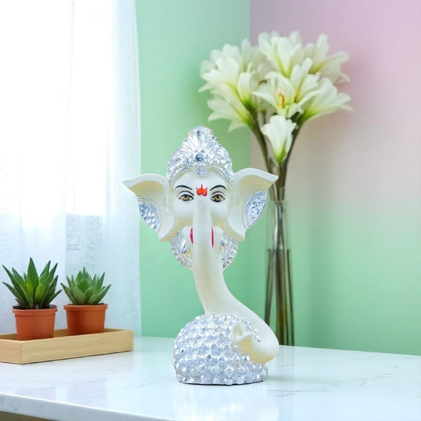 White Ceramic Long Trunk Ganesha for Car Dashboard